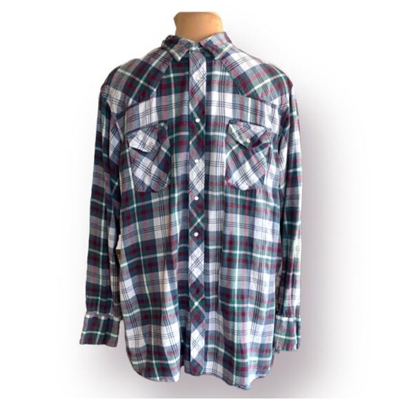 Vintage 90s Wrangler Western Pearl Snap Flannel Shirt 2XLT Tall Plaid Burgundy - Picture 8 of 8